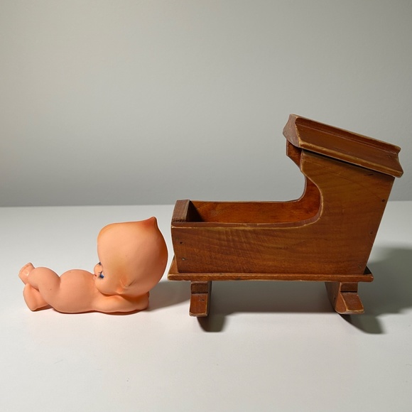 Vintage Reclining Kewpie Doll with Vintage Handmade Wood Rocking Crib - Picture 3 of 7